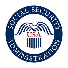 Graphic of the Social Security Administration Seal with the words Social Security Administration in white on a dark blue circular border.